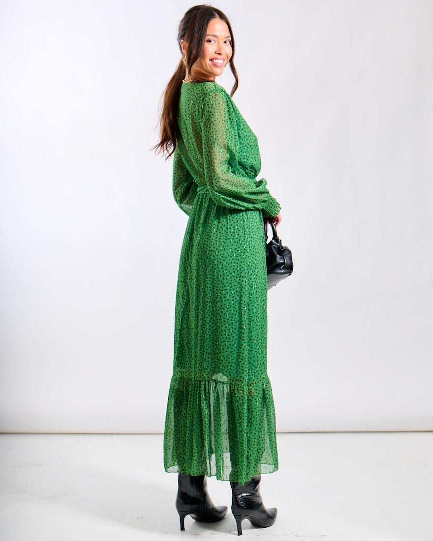 Green Animal Long Sleeve Maxi Dress
