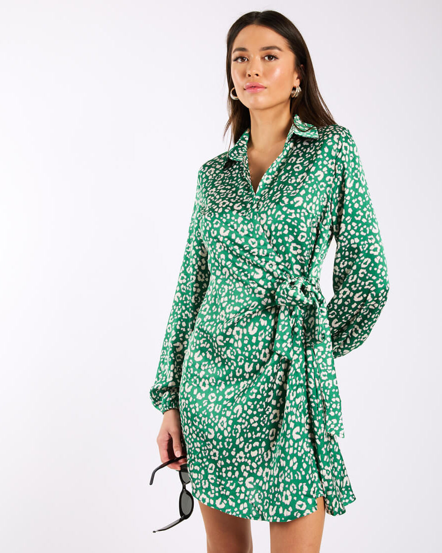 Green Animal Satin Shirt Dress