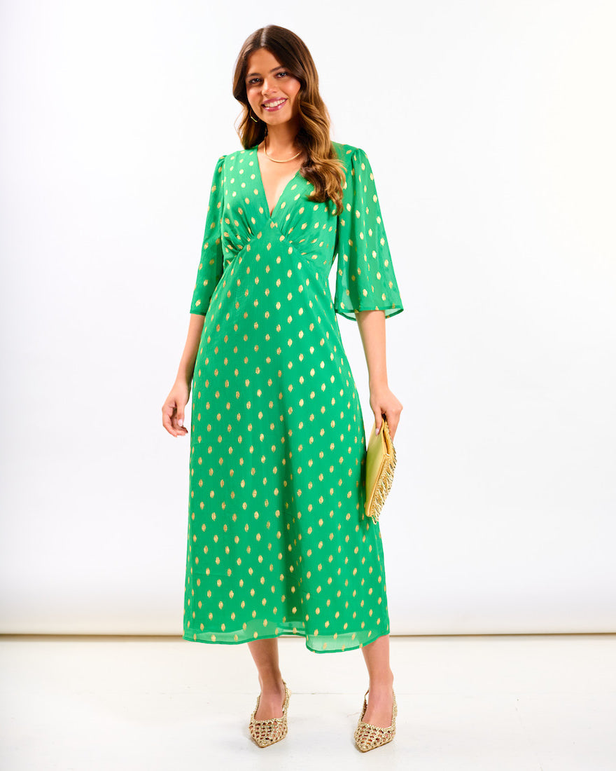 Green Foil Chiffon Midi Dress