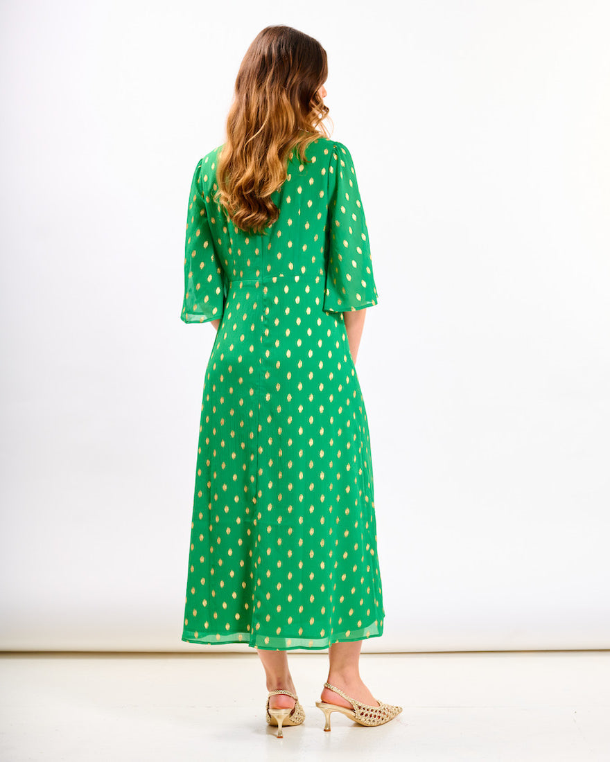 Green Foil Chiffon Midi Dress back