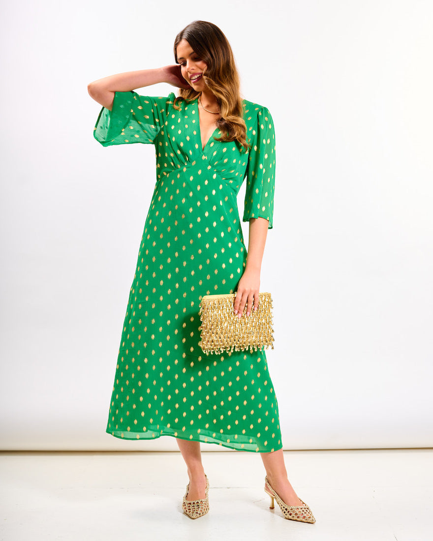 Green Foil Chiffon Midi Dress