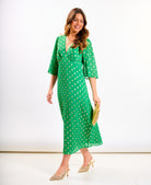 Green Foil Chiffon Midi Dress