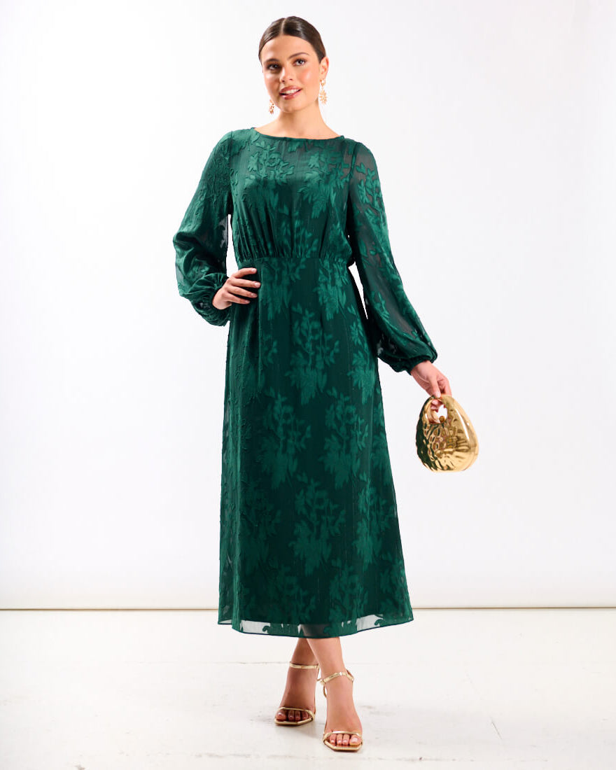 Long Sleeve Green Jacquard Midi Dress