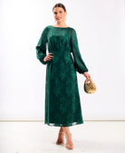 Long Sleeve Green Jacquard Midi Dress