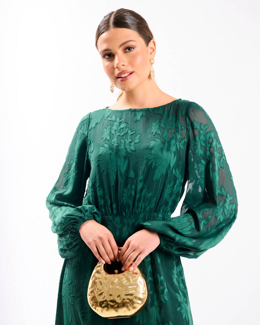 Long Sleeve Green Jacquard Midi Dress