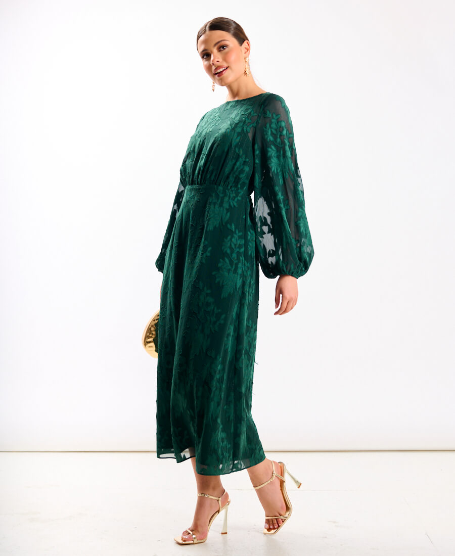 Long Sleeve Green Jacquard Midi Dress