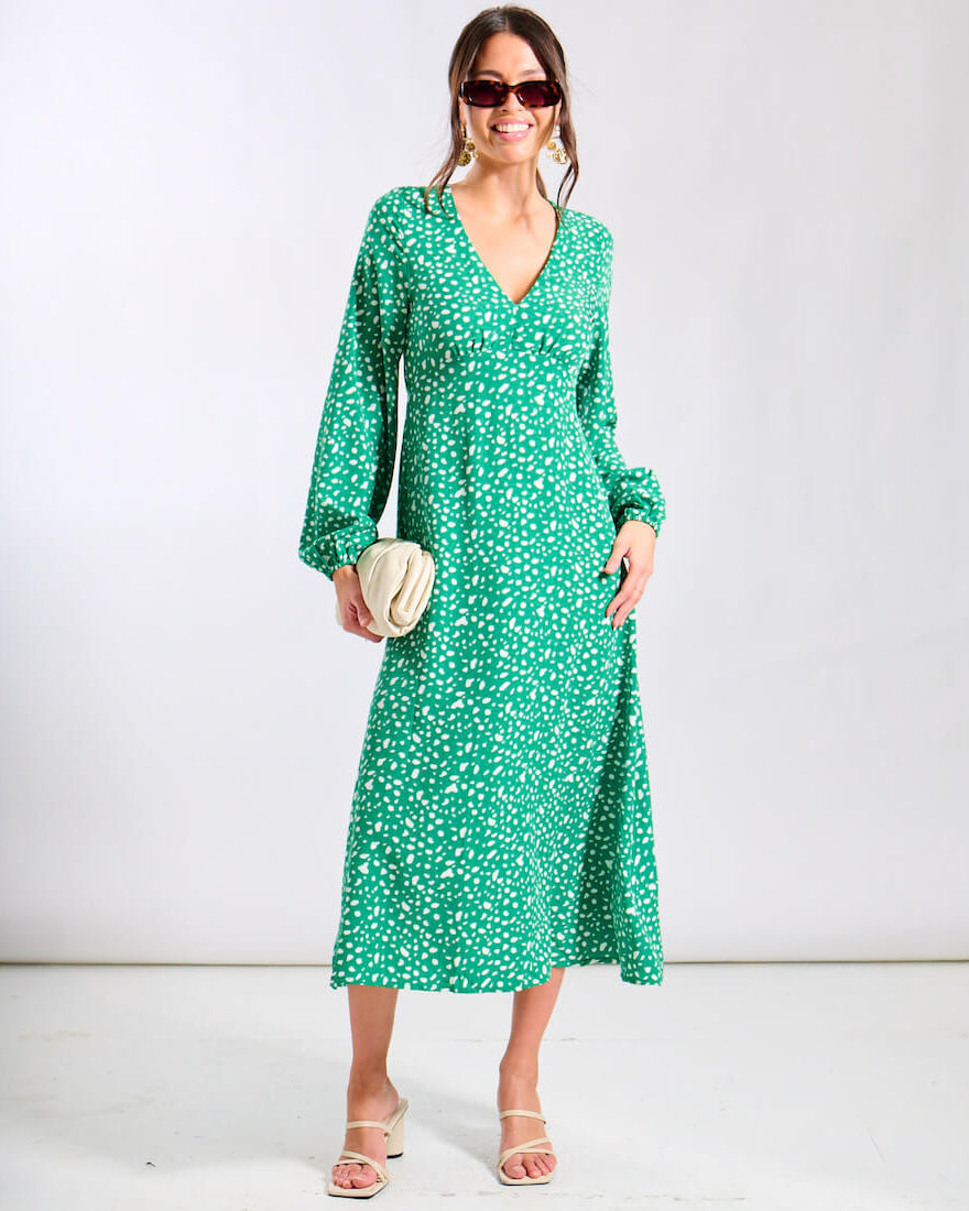 Green Spot Long Sleeve Midi Dress