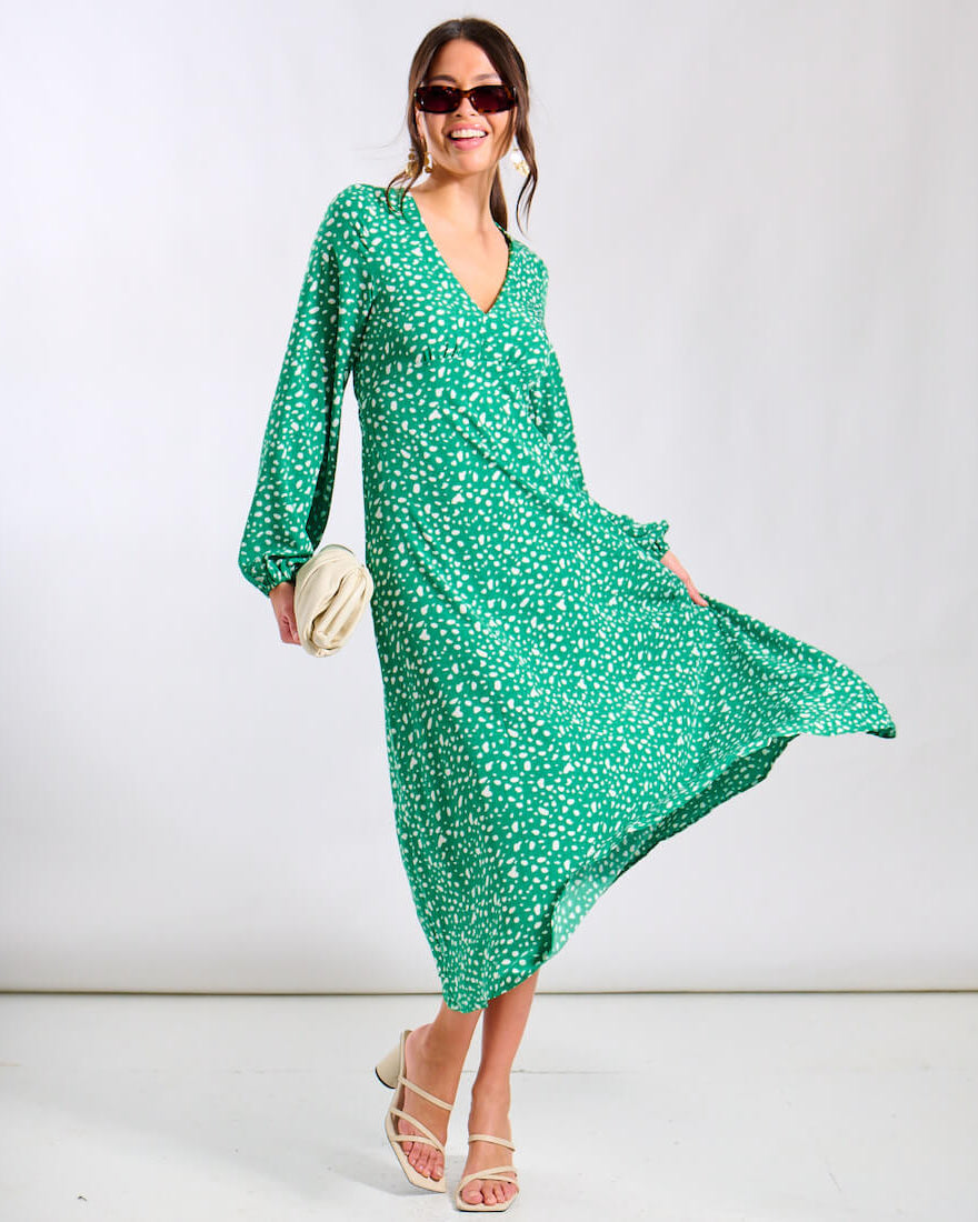 Green Spot Midi Dress Long Sleeves