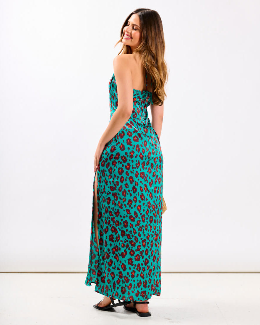 Green leopard Ruched Maxi Dress Back