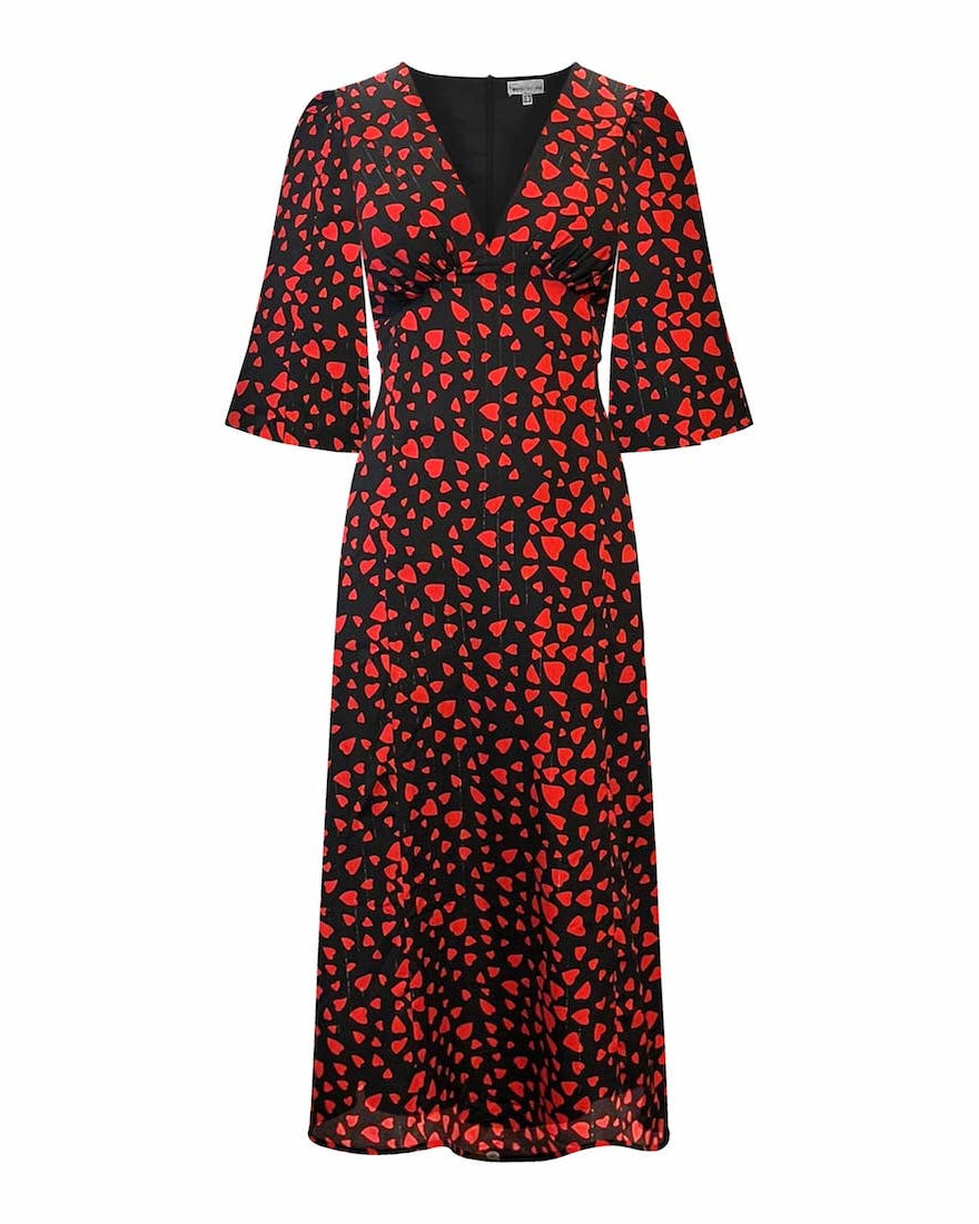 Heart Print Black Red Midi Dress