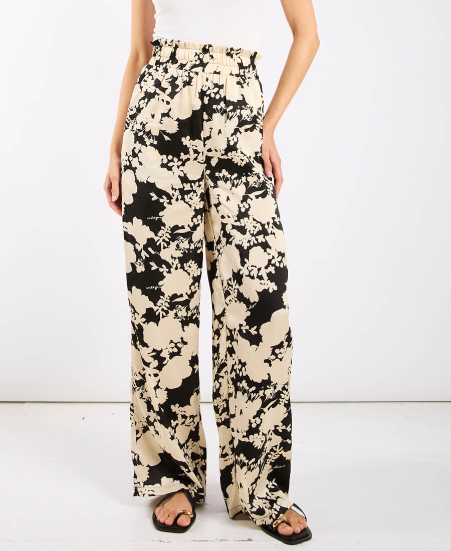 Ivory and black printed wide trousers
