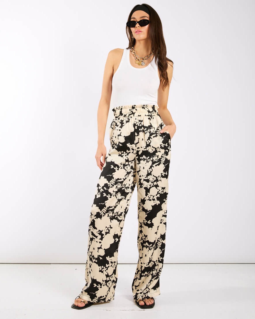 Ivory black printed wide leg trousers