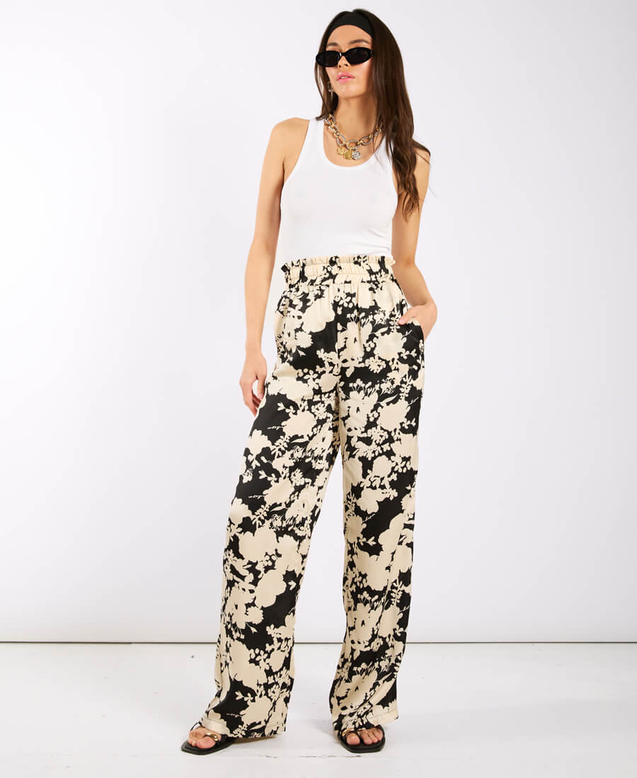 Ivory black printed wide leg trousers