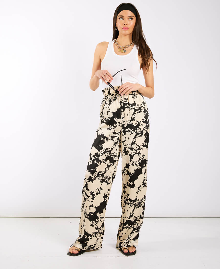 Ivory black printed wide trousers