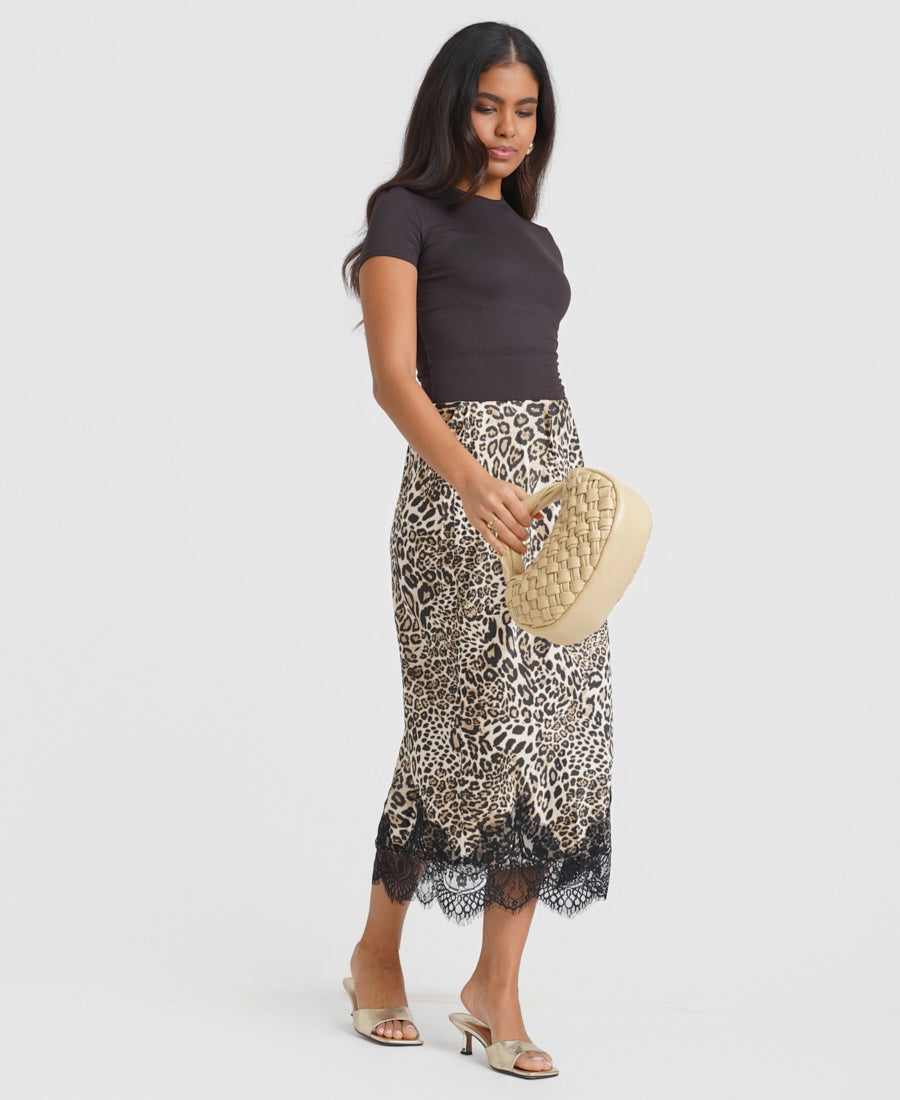 Leopard Satin Lace Mix Skirt
