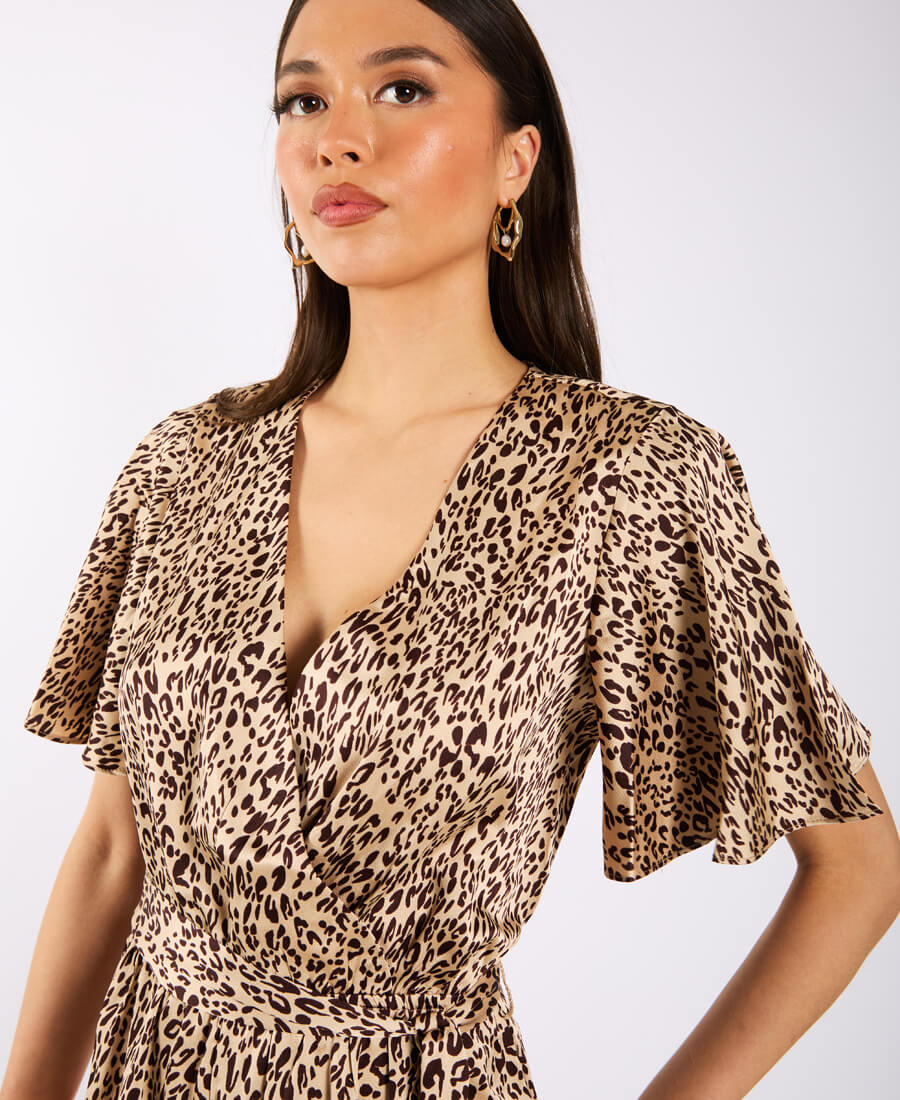 Leopard Printed Satin Jumpsuit sleeves