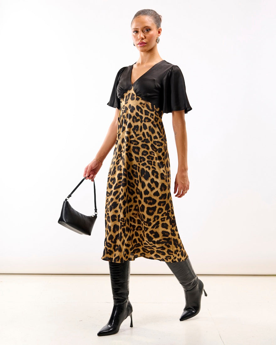Leopard Printed Satin Midi Dress