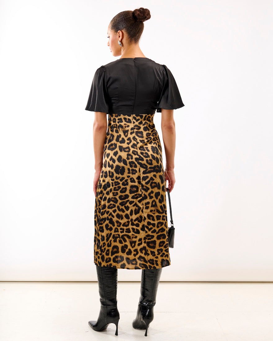 Leopard Printed Satin Midi Dress