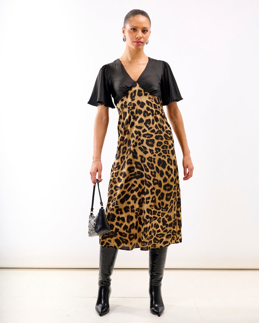 Leopard Printed Satin Midi Dress