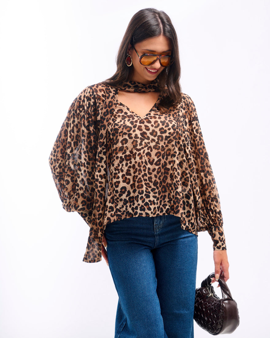 Leopard Pussybow Neck Blouse
