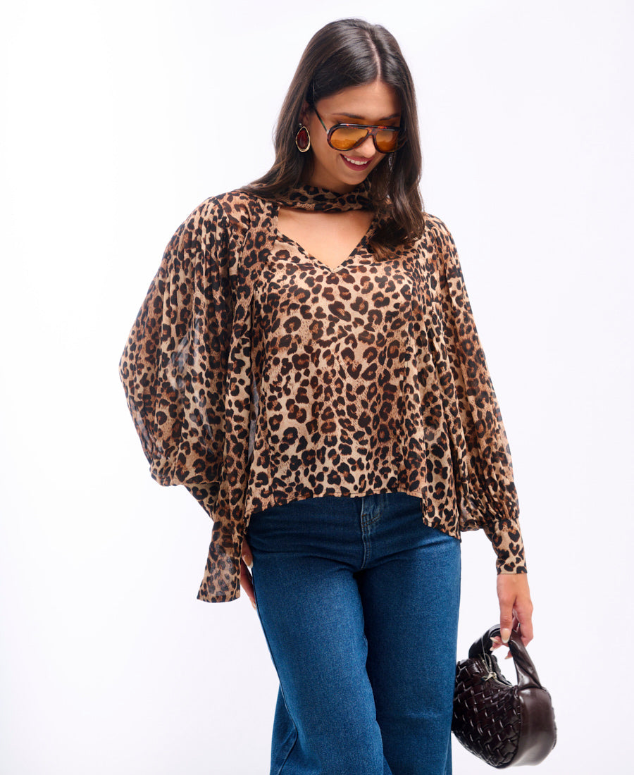 Leopard Pussybow Neck Blouse