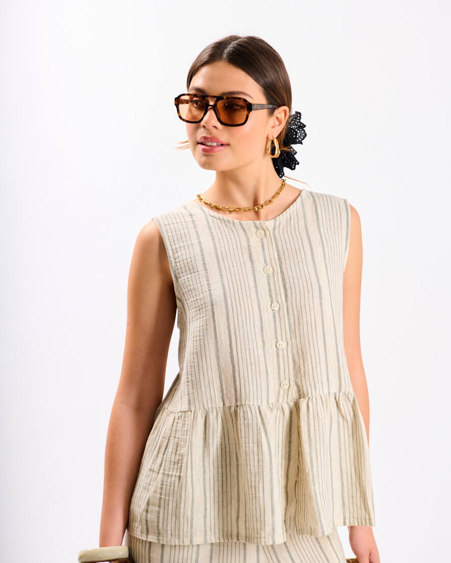 Linen Stripe Peplum Hem Top