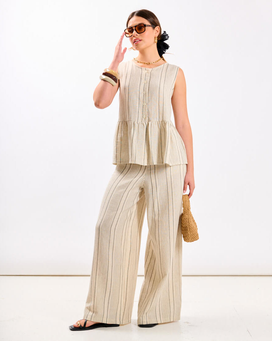 Linen Stripe Peplum Hem Top Set