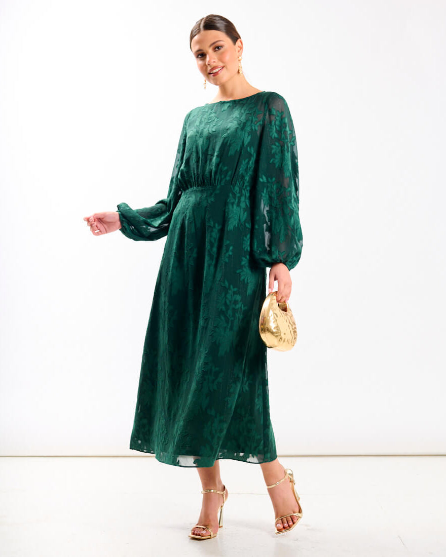Long Sleeve Green Jacquard Midi Dress