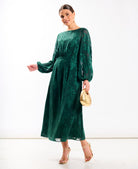 Long Sleeve Green Jacquard Midi Dress