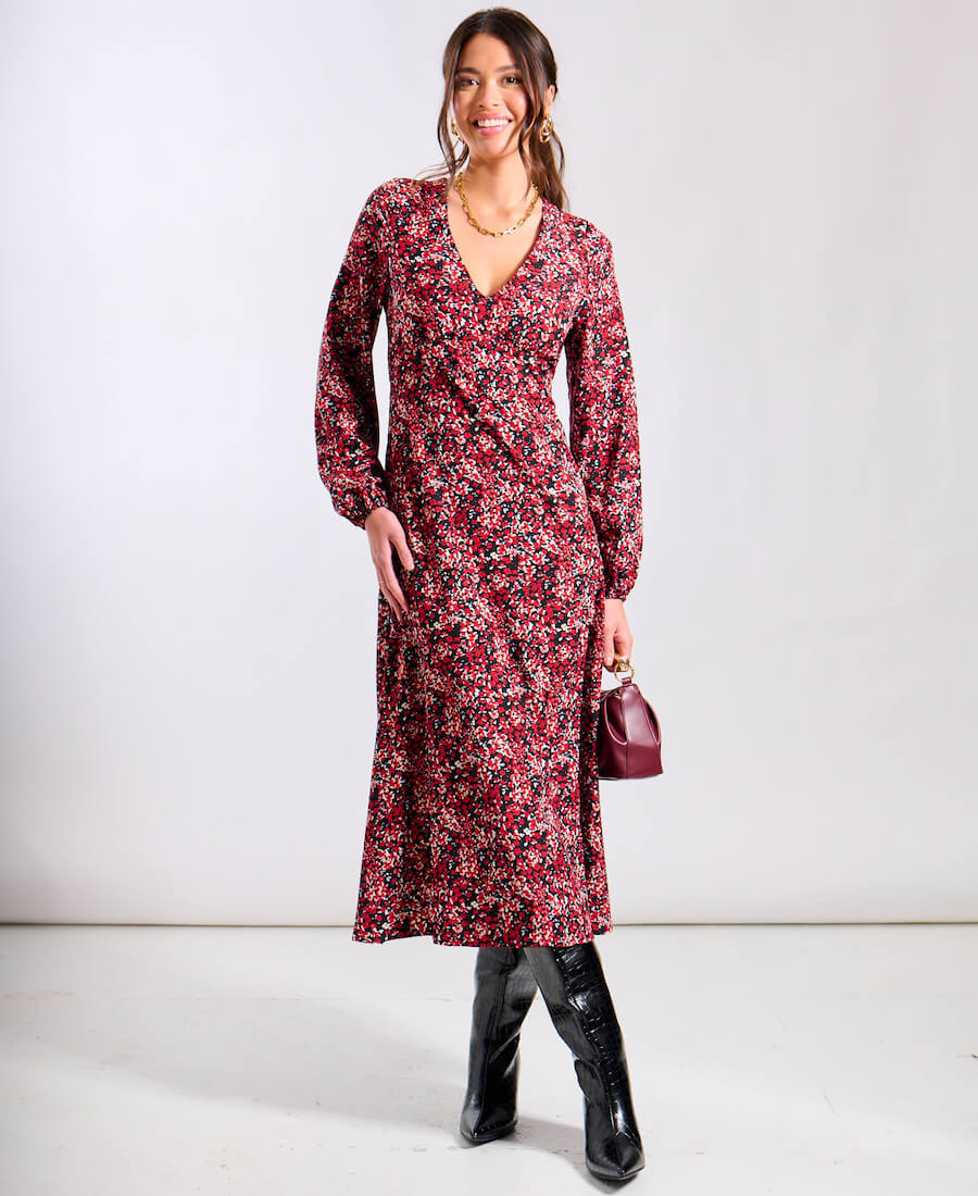 Red Floral Printed Long Sleeve Midi Dress – Needs No Label
