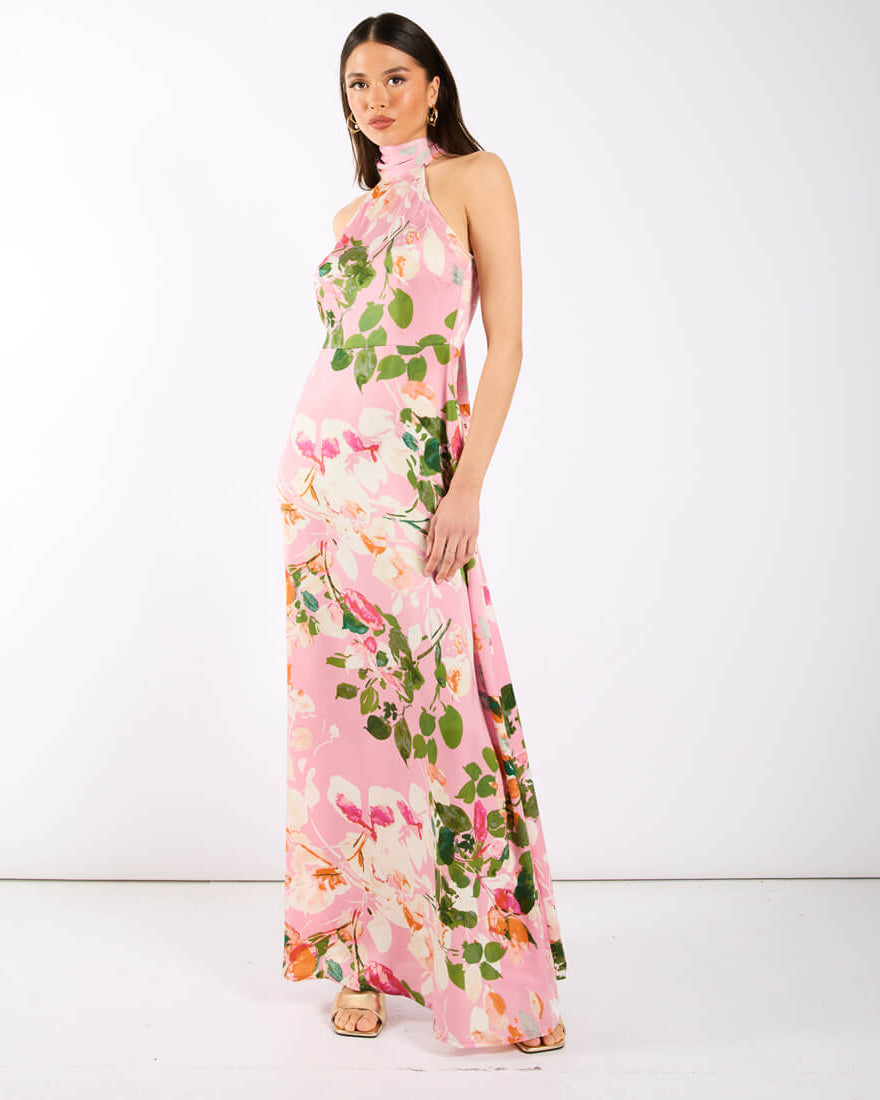 Pink Watercolour Floral Halter Neck Maxi Dress