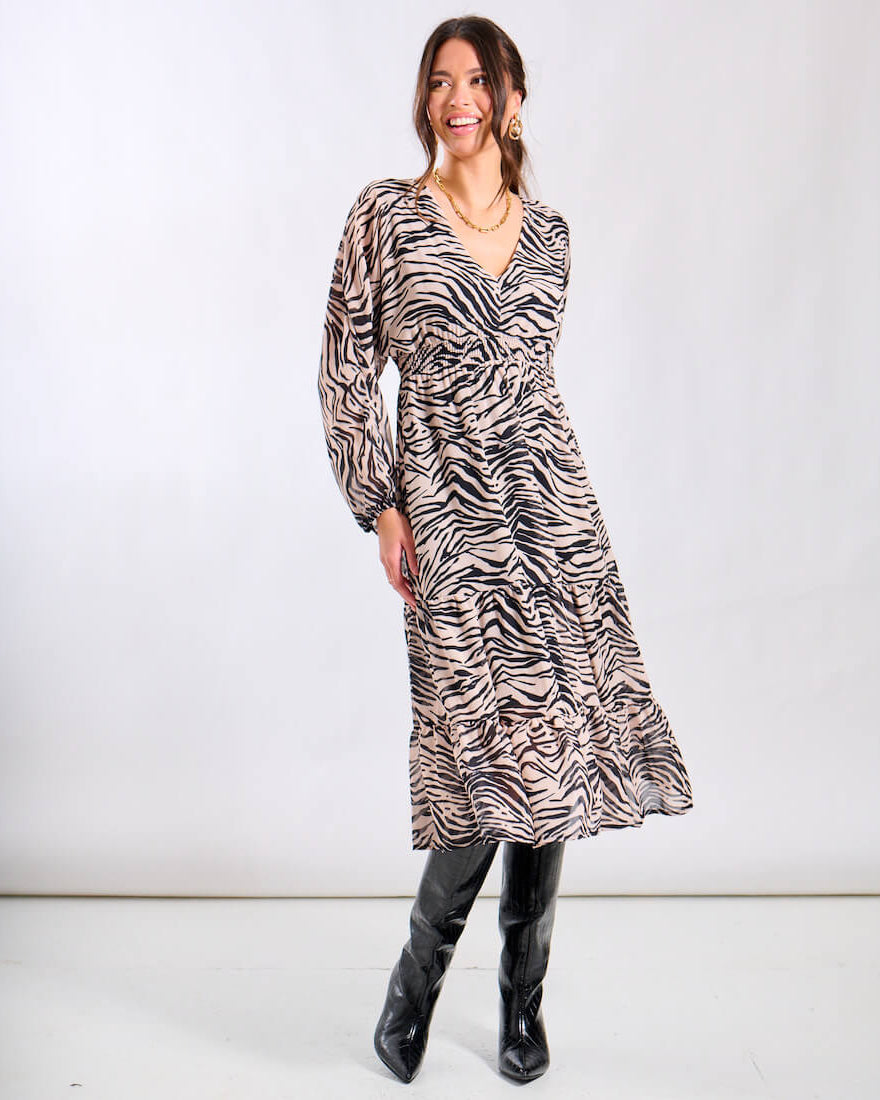 Mono Animal Tiered Chiffon Midi Dress