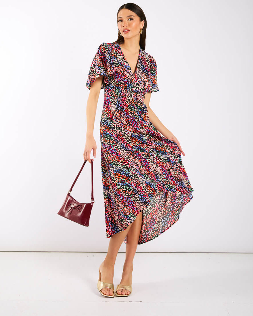 Multicoloured Animal Ruche Midi Dress