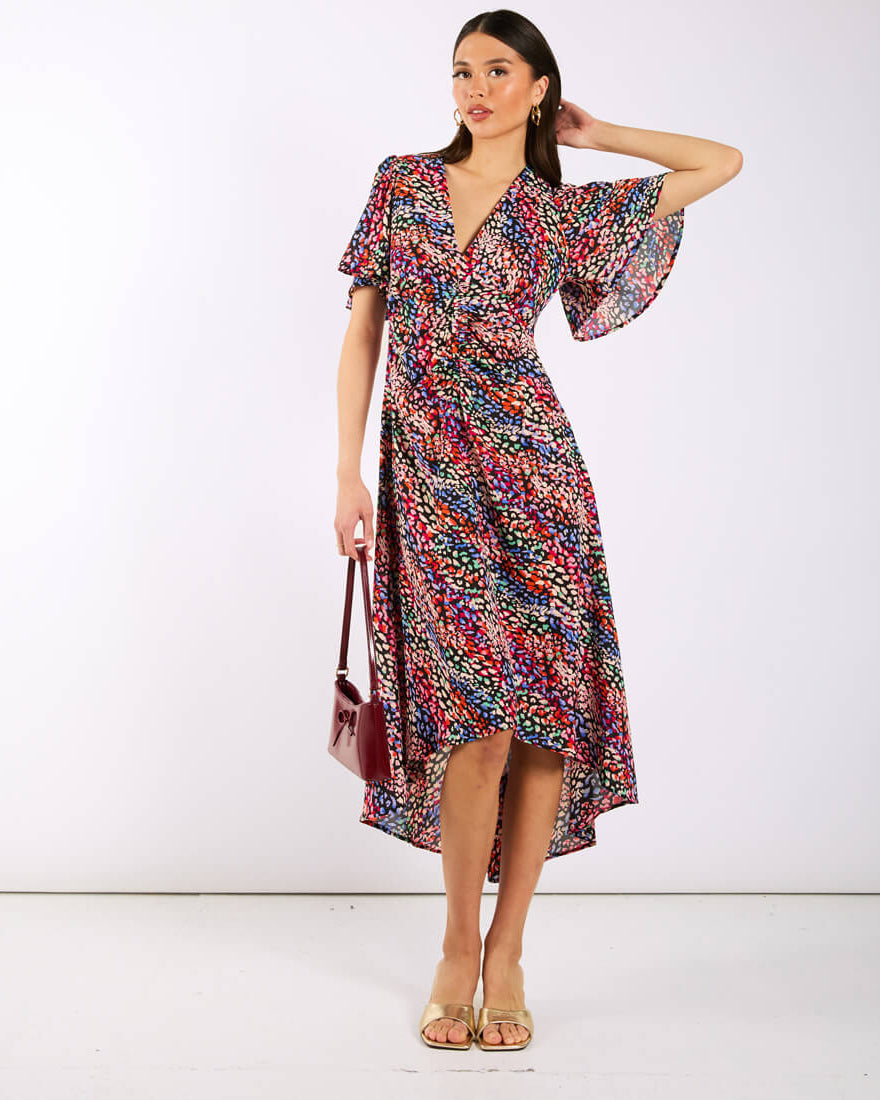Multicoloured Animal Ruche Midi Dress