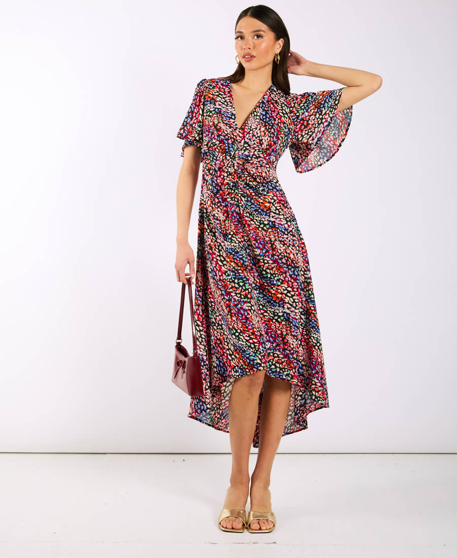 Multicoloured Animal Ruche Midi Dress