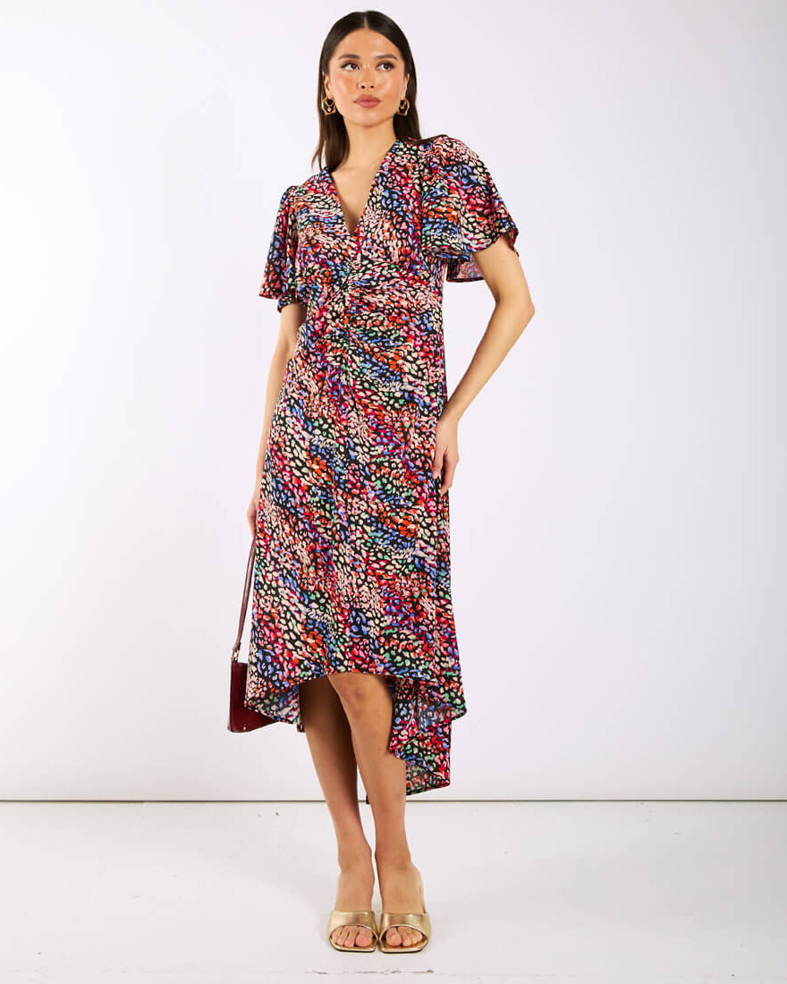 Multicoloured Animal Ruche Midi Dress