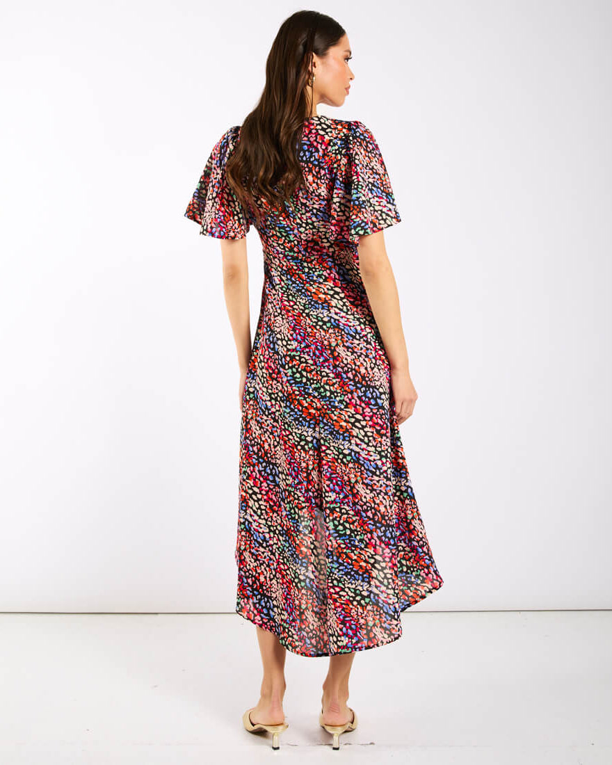 Multicoloured Animal Ruche Midi Dress back