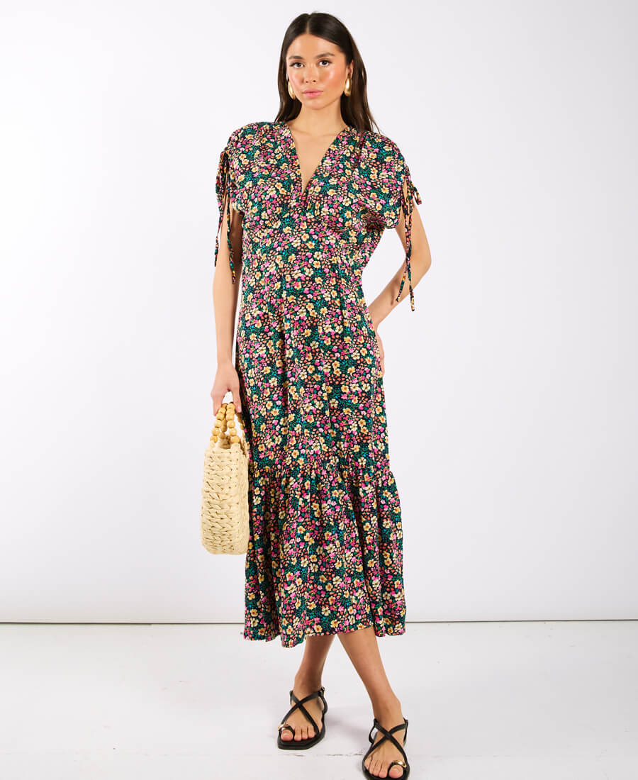 Multicoloured Floral Gathered Sleeve Midi Dress