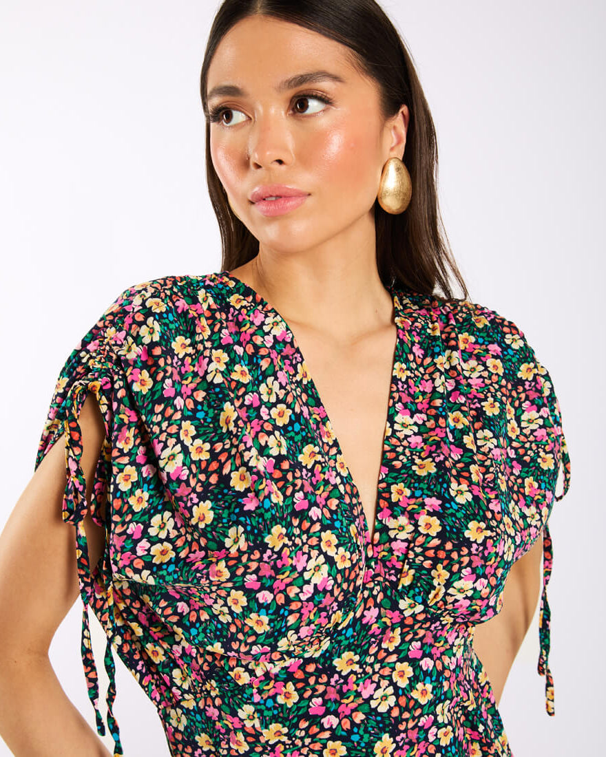 Multicoloured Floral Gathered Sleeve Midi Dress