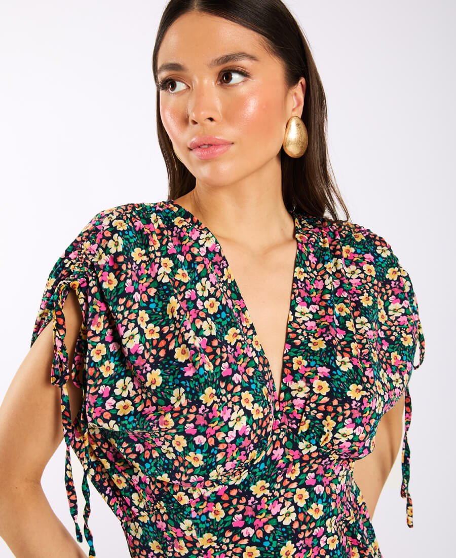 Multicoloured Floral Gathered Sleeve Midi Dress