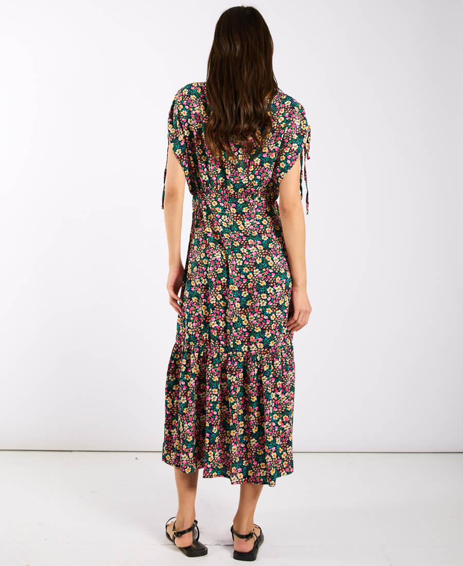 Multicoloured Floral Gathered Sleeve Midi Dress Back