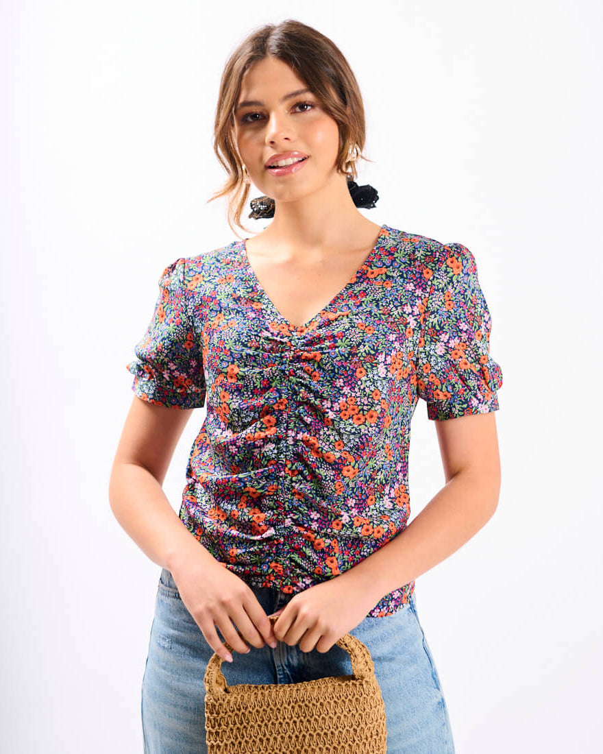 Multicoloured Floral Ruched Top