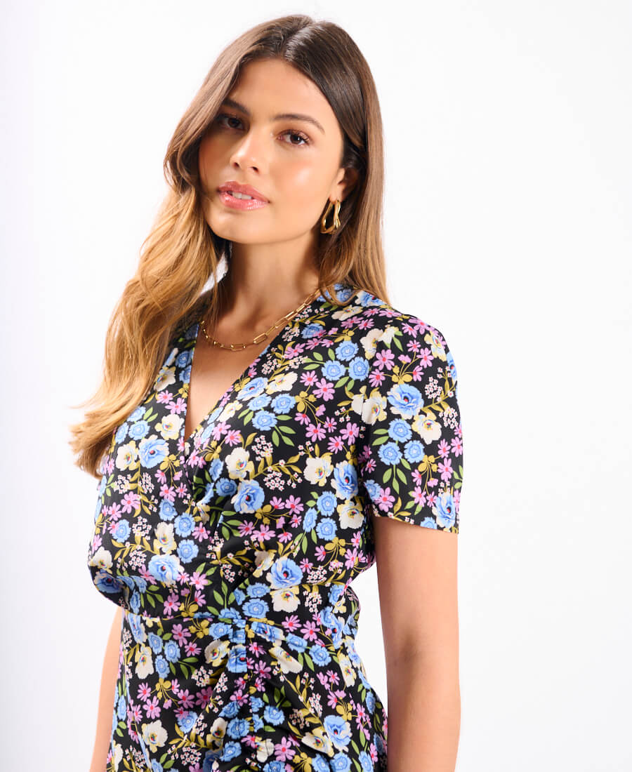 Multicoloured Floral Wrap Midi Dress