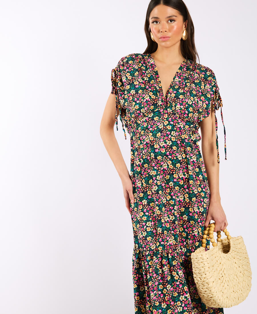 Multicoloured Floral Gathered Sleeve Midi Dress