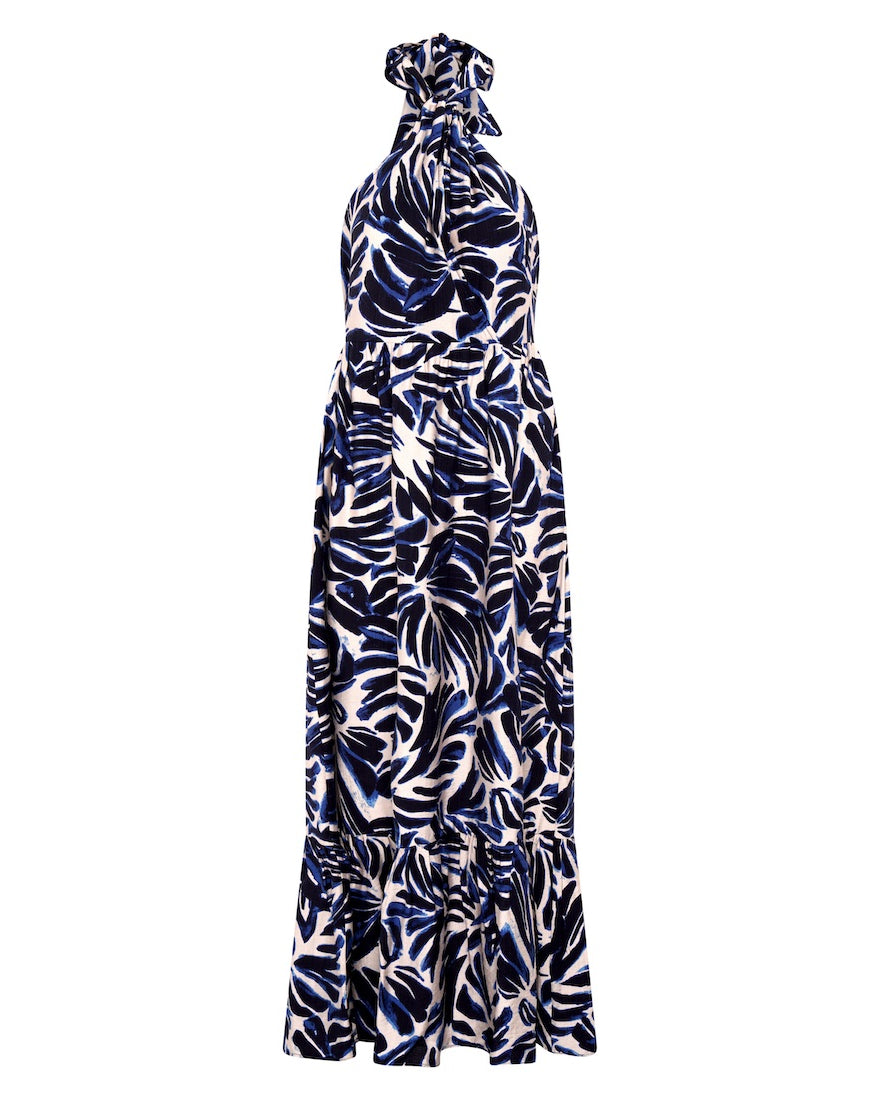 Navy Leaf Halter Maxi Dress