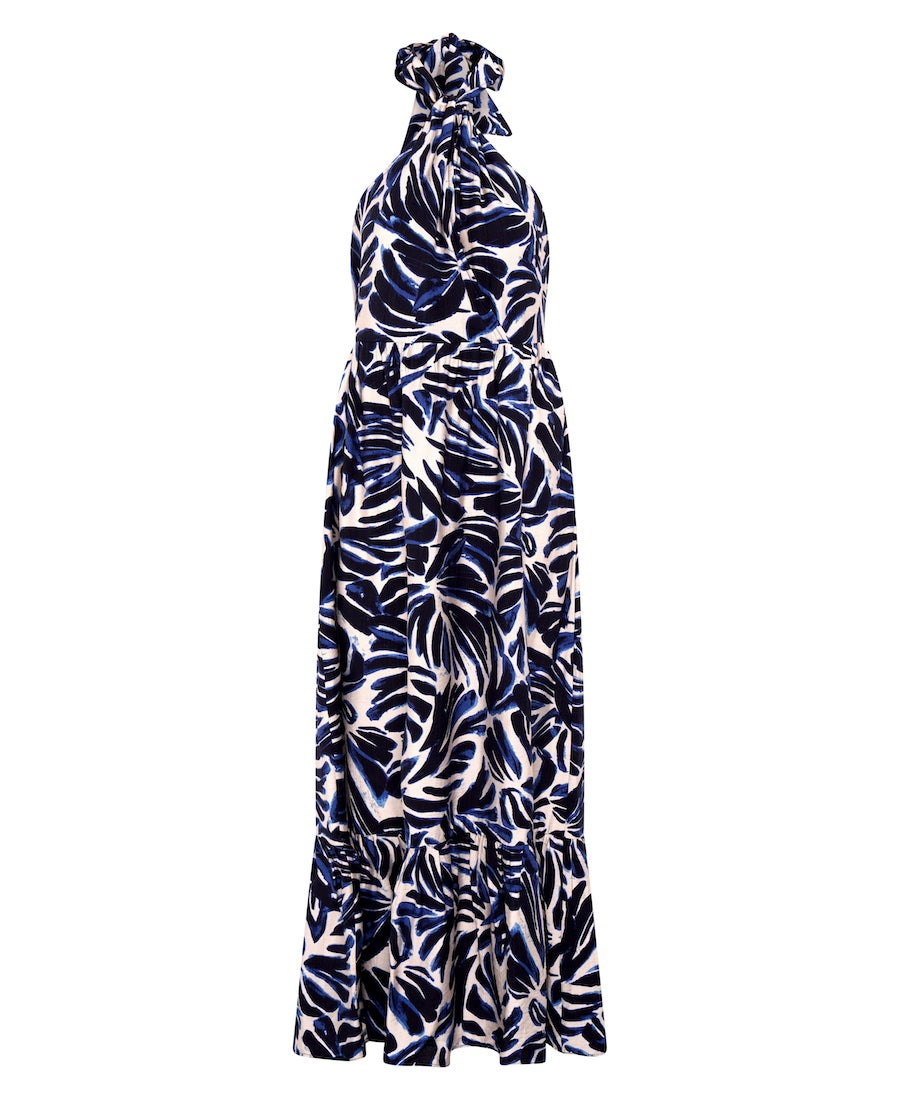 Navy Leaf Halter Maxi Dress