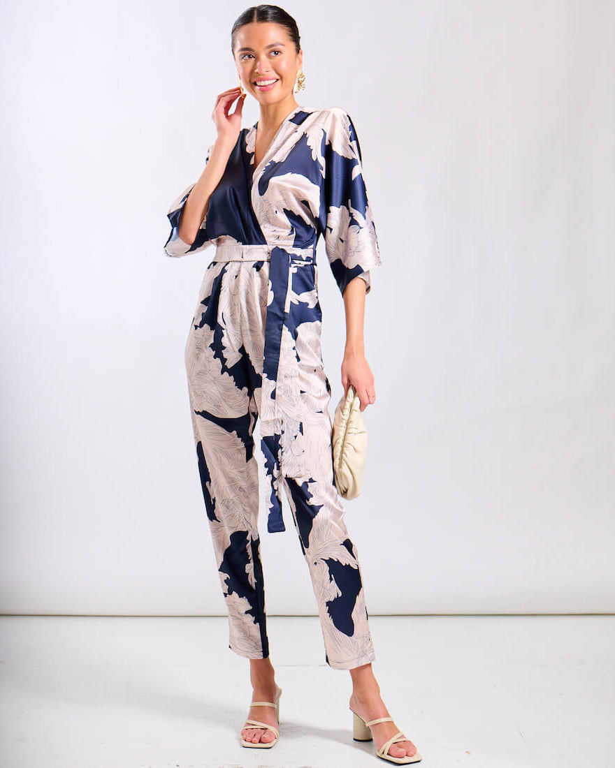 Navy Leaf Kimono Sleeve Jumpsuit