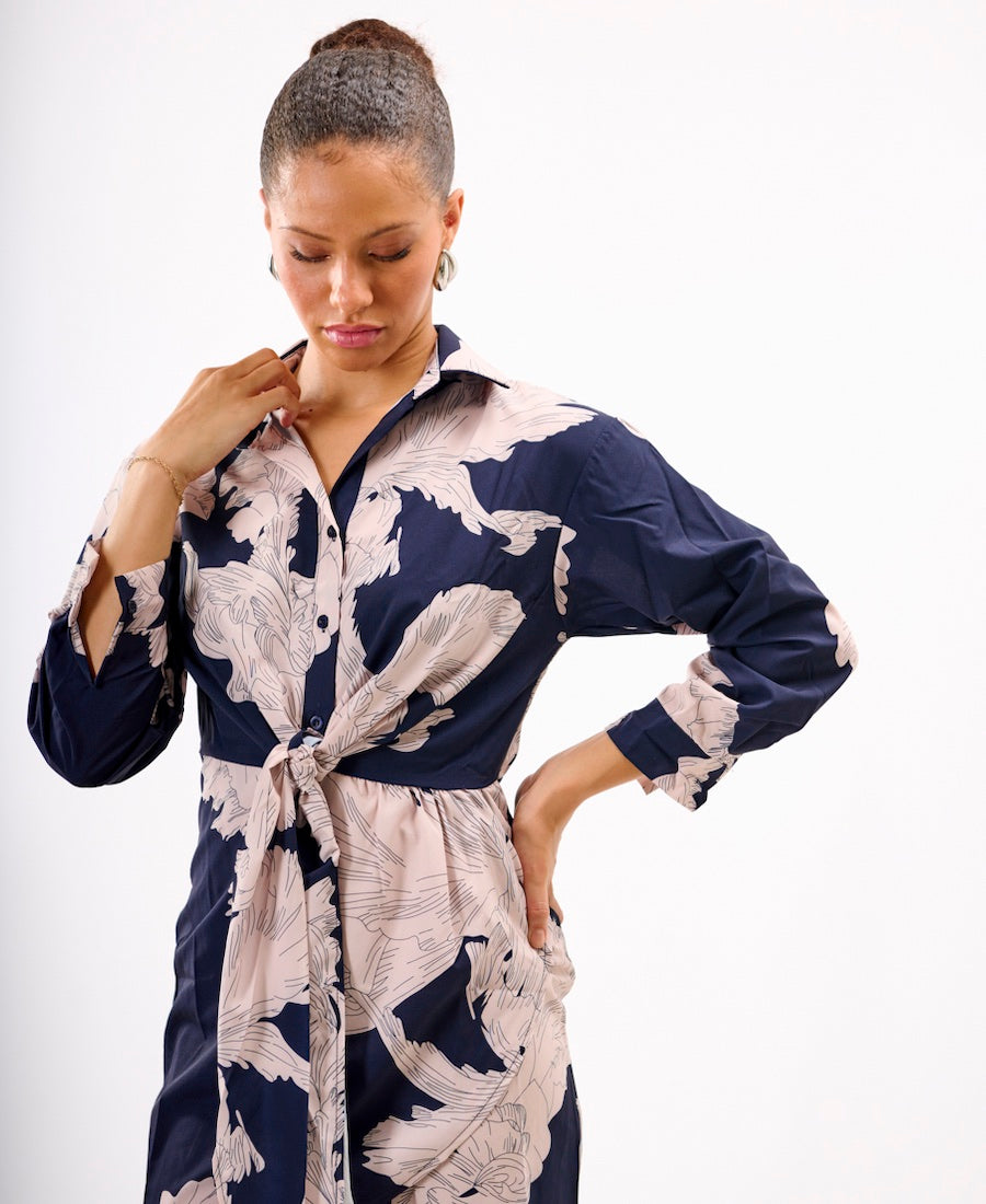 Navy Leaf Tie Front Shirt Dress