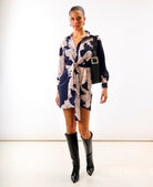 Navy Leaf Tie Front Shirt Dress