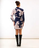 Navy Leaf Tie Front Shirt Dress